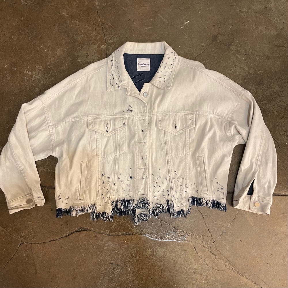 first lane distressed cropped denim jacket white